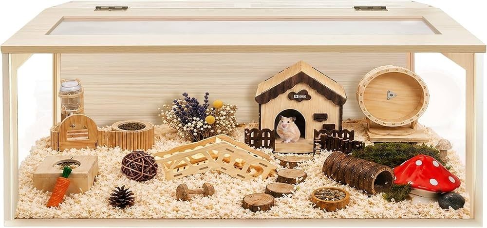 Großes Holzgehege mit Einstreu, Häuschen und Beschäftigung für einen Hamster